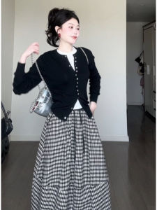 YUEZHONGWEI | Black Knitted Cardigan Plaid Skirt Set Two Pieces