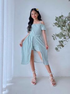 Girls Gingham Terno Set | Off Shoulder Plaid Top with Shorts & Overlay Skirt | Kids Summer Outfit