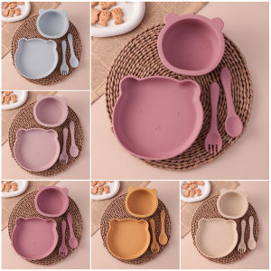 Color Kids 4PCS Silicone Feeding Tableware Set Baby Newborn Items Sucker Dishes Spoon Fork Bowls Food Training Essentials