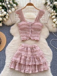 Pure Desire Hot Bé Gái Style Wood Grain Edge Design Set Womens Halter Neck Tube Top + High Waist Mini Skirt Thời Trang Mùa Hè 2024