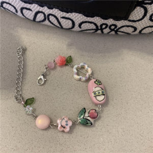 Adorable Sweet Ceramic Tulip Smiley Face Handmade Beaded Bracelet for Women Fashionable Floral Patterned Jewelry