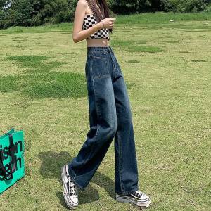 กางเกงยีนส์ขากว้างเอวสูงทรงหลวมสำหรับผู้หญิง กระเป๋าใหญ่ ทรงตรง ยาวถึงพื้น สไตล์ฤดูใบไม้ร่วง 2022 กางเกงยีนส์