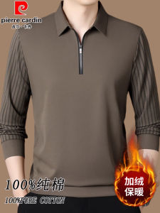 Áo Thun Polo Pierre Cardin Dài Tay Mùa Thu Nam Cotton Nguyên Chất Cổ Polo Khóa Kéo Đa Năng Kẻ Sọc Áo Thun Thường Ngày