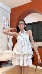 BA090 TARA Shirt เสื้อคล้องคอ ลายจุด ทรงบอลลูน สม็อกหลัง เนื้อผ้าไหมอิตาลีพิมพ์ลายจุด