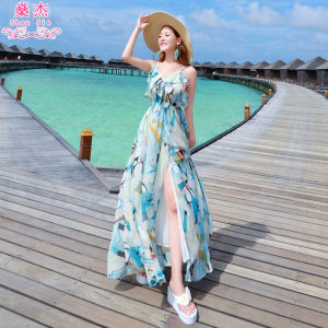 Beach Dress for Women Thailand Bali Holiday Bohemia Chiffon V-neck Skirt with Shoulder Straps Seaside Dress Long Dress Summer