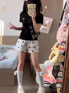 กางเกงขาสั้นพิมพ์ลายตุ๊กตาค้างคาวสำหรับผู้หญิง กางเกงขายาวทรงเอเอวสูง กางเกงขายาวทรงสามส่วนสำหรับเล่นกีฬาในฤดูร้อน