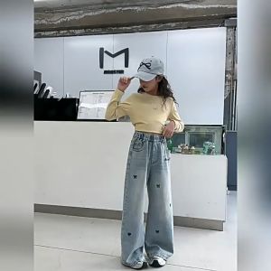 6-13Years Embroidered Bow Jeans for Kids Girls Wide Leg Pants for Kids Girls Elastic Waist Comfortable And Versatile With Two Pockets On The Hips Jeans