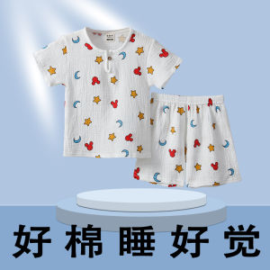 Childrens Summer Sleepwear Cotton Pajamas Short Sleeve Home Clothes Set Boy Girl Baby Air Conditioning Thin Breathable Cartoon Print