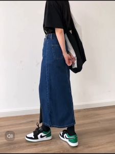 High quality side slit long denim skirt dark blue design plus size casual office wear for girls