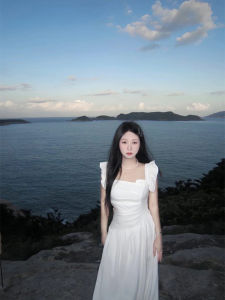 French Style White Hollow out Birthday Dress with Flying Sleeves And Waist Exposure Long A-Line Skirt Commute Style Summer Dress