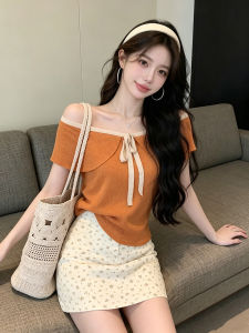 GUZILIAN | Girlish Style Off Shoulder Colorblock Tie Knit Top