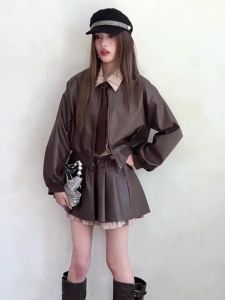 MIUCO | Bộ Đồ Nhỏ Gọn 2-trong-1 Áo Da Kèm Dây Nơ và Chân Váy Xòe Kiểu Nhà Sơ