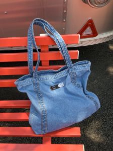 Trendy Large Capacity Canvas Tote Bag Casual Solid Color Denim Womens Single Shoulder Bag Korean Style Fashionable Youth Backpack