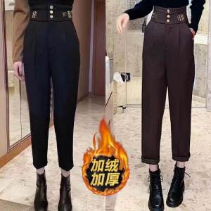 กางเกงลำลองผู้หญิงทรงสลิมฟิตเอวสูง ทรงตรง ขนแกะ 3 กระดุม ทรงขากระบอกเล็ก กางเกงขายาวทรงลำลองสไตล์เกาหลี