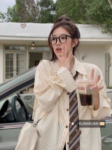 Womens Striped Shirt Jacket Loose Long Sleeve Autumn Winter New Style plus Size Fashionable Design Casual Top Outerwear