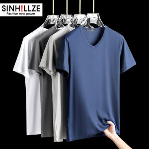 Modal Mens V-Neck Short Sleeve T-Shirt Pure Color Ice Silk Casual Versatile Base Shirt Spring Summer New Style Fashionable Top