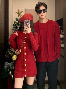Couples Knitted Sweater Dress Autumn Winter Red Slimming Womens Skirt Mens Long Sleeve round Neck Solid Color Casual Wear
