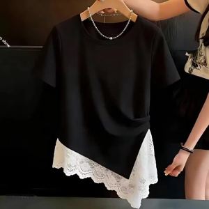 QIAOXIZI | Áo Thun Mẹ Phong Cách Họa Tiết Ren Bông Cực Lớn Ôm Sát