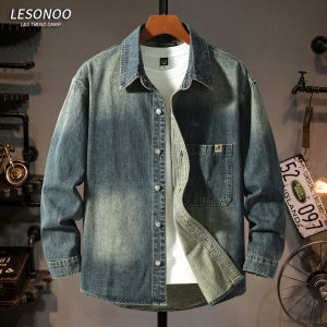 LIANSENNIAO | Áo Sơ Mi Denim Rửa Retro Dành Cho Nam Phong Cách Bỏng Tay Dài Cổ Đứng Chất Lượng Cao