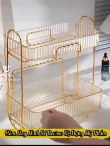 Kệ Đựng Mỹ Phẩm Đồ Trang Điểm 2 Tầng Cao Cấp Có Khung Viền Mạ Vàng Phong Cách Châu Âu Đẹp Và Sang Trọng