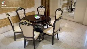 BỘ BÀN ĂN TRÒN 6 GHẾ TÂN CỔ ĐIỂN MẶT GỖ MÂM XOAY NHẬP KHẨU G952