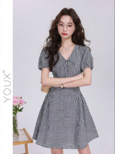 YOUXIANG | Đầm kẻ sọc cổ chữ V kiểu Pháp dành cho nữ