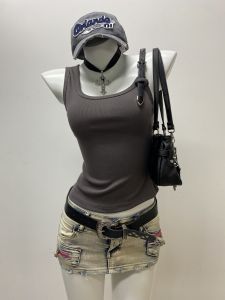 Shia Original Deep Grey Strap Vest Women Summer Leather Button Design Sensation Small Beautiful Strap Top Cotton Blend Slim Fit