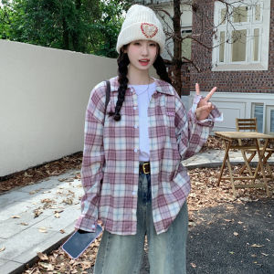 Áo Sơ Mi Nữ Tay Dài Màu Xanh Tím Rộng Rãi Phong Cách Hàn Quốc Cổ Polo Họa Tiết Kẻ Caro Thường Ngày Giản Dị Thời Trang Thu Đông