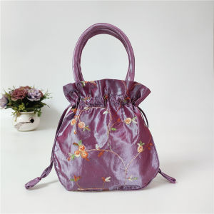 Embroidered Womens Handbag Bucket Shape Mobile Phone Bag Drawstring Soft Polyester Fiber Floral Pattern Ethnic Style Small Size