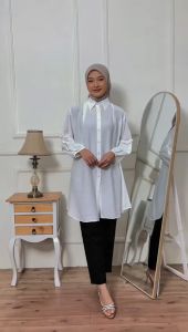 Kemeja Tunik Polos Bahan Polo Linen Lengan Panjang Wanita Muslim LD 110