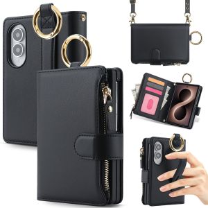 Lanyard Card Slots Zipper Leather Wallet Flip Phone Case for Samsung Galaxy Z Fold 8 Ultra 7 6 5 4 Ring Wrist Strap Stand Cover