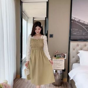 2023 Baru Gaya Korea Mode Leher Persegi Gaun Midi Untuk Wanita Musim Semi Musim Panas Dan Musim Gugur Khaki Hitam Jahitan Renda Sifon Gaun Kasual A-Line