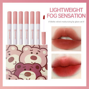 6Pcs  Lip Glaze Set Box Lipstik Pink Bear Lipcream Korean Lipstick Matte Velvet Liptint Lip Gloss Tahan Lama-🌹Tamia