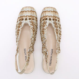 Giày Sandal Nữ Dây Bện Mũi Nhọn Gót Bệt Dây Đeo Co Giãn Thời Trang Gót Thấp Mũi Vuông Chất Liệu PU Đế Cao Su