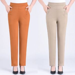 Plus saiz elastik tinggi Waisted lurus seluar untuk wanita Spring/Autumn New Mothers Stretchable Slim Fit seluar longgar