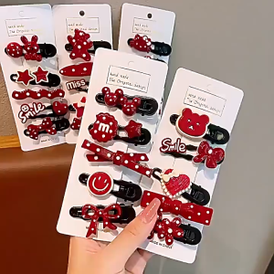 Set 5 kẹp tóc kiểu mỏ vịt hoạt hình tone đỏ dễ thương xinh xắn cho bé gái