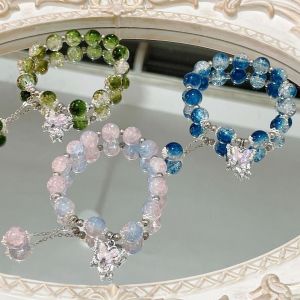 Ready Stock Butterfly Glass Bracelet Female Ins Niche Design Hand Jewelry Fairy Sweet Color-beaded Bracelet
