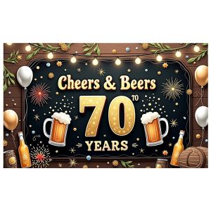 Golden Glitter 70th Birthday Banner Beer Mug Design Cheers & Beers Display Firework Decor Backdrop for Anniversary Celebration