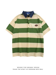 เสื้อยืดคอโปโลแขนสั้นทรงหลวมสไตล์ย้อนยุคสไตล์ญี่ปุ่นสำหรับผู้ชายในช่วงฤดูร้อน ทรงหลวม สไตล์วิทยาลัย ลายทาง สีบล็อก