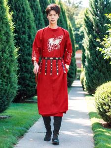 Spring Red Ming round Neck Gown 2024 Year of the Dragon New Year Han Chinese Clothing for Men Martial Arts Style Chinese Ancient Style Daily Flying Fish Suit Suit