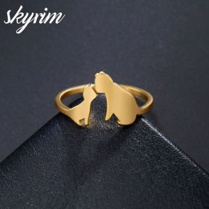 Skyrim Kitten họp Vòng mở điều chỉnh Nhẫn đôi thép không gỉ Titan trang sức nhẫn