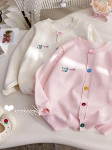 Girls Knitted Open Cardigan Spring Autumn Thin Fashionable Sweater Rabbit Fur Long Sleeve round Neck Top for Kids