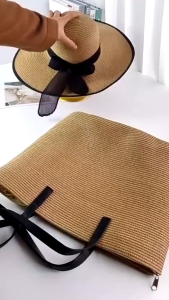 Topi Pantai Wanita Pelindung UV / Topi Bisa diLipat Tebel Dan Lebar Bahan Jerami Premium / Topi Pantai Dewasa Rajut Pita