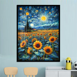 Handmade Diamond Painting Starry Night Sunflowers Van Gogh Oil Painting Style Cross Stitch Childrens Diamond Embroidery New Model 2024
