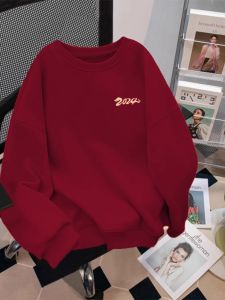 Áo Nỉ Dày Lót Lông Cừu Màu Đỏ Cho Nam Mùa Thu Đông Rộng Rãi Thường Ngày Áo Khoác Ngoài Trùm Đầu in Họa Tiết Thời Trang