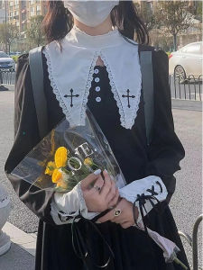 French Style Black Gothic Halloween Uniform Dress Womens Dark Color Fake Two-Piece Skirt Design A-Line Long Sleeve Dress