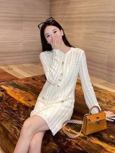 Elegant Hollow out Knitted Dress White Base Layer Fashionable Commute High Waist A-Line Skirt Long Sleeve round Neck Dress