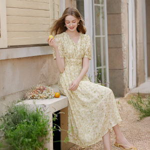 XIANGYING | V-Neck Tencel Dress with Puff Sleeves Yellow Floral Printed Waist-Cinching