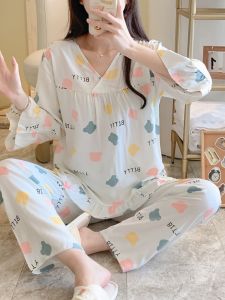 Bộ Đồ Ngủ Lụa Cotton Dài Tay Mùa Xuân Hè Cho Nữ Bộ Đồ Mặc Nhà Bằng Vải Cotton Nhân Tạo Mỏng Thoáng Khí Bộ Đồ Học Sinh