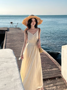 Beach Lady Sanya Beach Backless Vacation Beach Dress V-neck Strapless Long Summer Fairy Tale Skirt High Waist A-line Dress